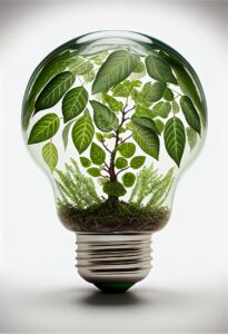 Ampoule avec de la végétation à l'intérieur sur fond blanc.